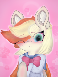 Size: 2735x3645 | Tagged: safe, artist:sodapop sprays, imported from derpibooru, oc, oc:sodapop sprays, pegasus, pony, blushing, bust, chest fluff, clothes, dandere, ear fluff, freckles, looking at you, school uniform, solo, uniform