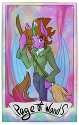 Size: 700x1110 | Tagged: safe, artist:destiny_manticor, imported from derpibooru, oc, oc only, oc:destiny manticor, alicorn, anthro, blue wings, brush, claws, clothes, digital art, female, leonine tail, solo, tail, tarot, tarot card, wing claws, wings