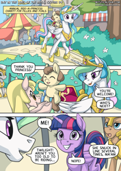 Size: 2171x3070 | Tagged: safe, artist:mysticalpha, imported from derpibooru, princess celestia, twilight sparkle, oc, alicorn, pony, comic:day in the lives of the royal sisters, carnival, comic, dialogue, female, filly, foal, guard, high res, magic, male, mare, royal guard, saddle, speech bubble, stallion, tack, twilight sparkle (alicorn)