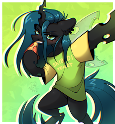 Size: 1494x1620 | Tagged: safe, artist:rtootb, imported from derpibooru, queen chrysalis, pony, clothes, cute, ear fluff, ear piercing, eating, female, food, horn, looking at you, mare, piercing, pizza, selfie, shirt, smiling, smiling at you, smirk, solo, t-shirt, teeth, wings