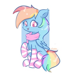 Size: 754x754 | Tagged: safe, artist:skylinepony_, imported from derpibooru, rainbow dash, pegasus, pony, :p, cheek fluff, clothes, cute, dashabetes, female, folded wings, looking at you, mare, raised hoof, scarf, signature, simple background, smiling, smiling at you, socks, solo, striped socks, tongue out, white background, wings