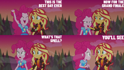 Size: 2000x1125 | Tagged: safe, edit, edited screencap, editor:quoterific, imported from derpibooru, screencap, pinkie pie, sunset shimmer, equestria girls, equestria girls series, sunset's backstage pass!, spoiler:eqg series (season 2)