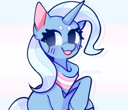 Size: 1410x1214 | Tagged: safe, artist:sillyp0ne, imported from derpibooru, trixie, pony, unicorn, female, horn, looking at you, mare, pride, pride flag, signature, smiling, smiling at you, solo, transgender pride flag