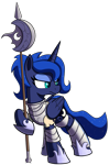 Size: 1270x1920 | Tagged: safe, artist:maretian, princess luna, alicorn, pony, alternate hairstyle, armor, armored pony, female, halberd, mare, ponerpics fantasy community collab 2024, ponytail, simple background, solo, transparent background, weapon