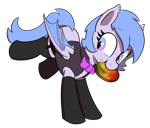 Size: 1698x1444 | Tagged: safe, artist:maretian, oc, oc:lucky roll, bat pony, pony, bowtie, clothes, fangs, featured image, female, food, garter belt, jacket, mango, mare, simple background, smiling, socks, solo, transparent background