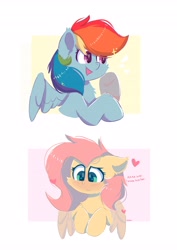 Size: 2896x4096 | Tagged: safe, artist:skylinepony_, imported from derpibooru, fluttershy, rainbow dash, pegasus, pony, blushing, cheek fluff, chest fluff, cute, duo, duo female, ear fluff, female, flutterdash, heart, heart eyes, high res, lesbian, looking down, mare, open mouth, open smile, partially open wings, raised hoof, shipping, shy, signature, simple background, smiling, white background, wingding eyes, wings, wings down