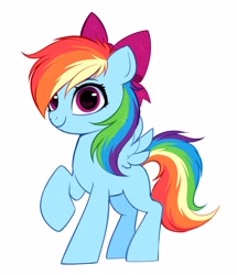 Size: 2773x3227 | Tagged: safe, artist:confetticakez, imported from derpibooru, rainbow dash, pegasus, pony, blank flank, bow, cute, dashabetes, eyebrows, female, filly, filly rainbow dash, foal, hair bow, high res, looking at you, raised hoof, simple background, smiling, smiling at you, solo, spread wings, white background, wings, younger