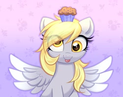 Size: 3123x2470 | Tagged: safe, artist:confetticakez, imported from derpibooru, derpy hooves, pegasus, pony, :p, cute, derpabetes, eye clipping through hair, female, food, gradient background, high res, looking at you, mare, muffin, smiling, smiling at you, solo, spread wings, tongue out, wings