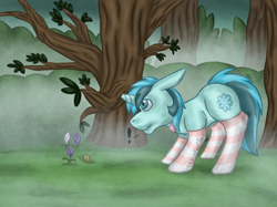 Size: 1664x1244 | Tagged: safe, artist:lil_vampirecj, imported from derpibooru, oc, oc only, oc:winter breeze, pony, unicorn, blue eyes, clothes, commission, digital art, flower, hair, horn, krita, male, mane, scene, snow, snowflake, socks, solo, stallion, striped socks, stuck, tree, tree branch