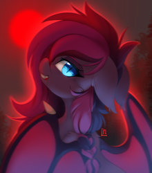 Size: 5424x6166 | Tagged: safe, artist:lunylin, imported from derpibooru, oc, oc only, oc:neytria nightblood, bat pony, pony, absurd resolution, bat pony oc, bat wings, blood, blood moon, braid, commission, fangs, female, floppy ears, full moon, looking at you, looking back, looking back at you, mare, moon, signature, slit pupils, solo, spread wings, wings, ych result