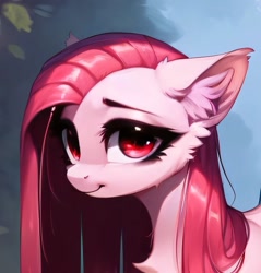 Size: 1349x1409 | Tagged: safe, imported from derpibooru, pinkie pie, pony, ai content, ai generated, bust, female, generator:pony diffusion v6 xl, generator:stable diffusion, mare, pinkamena diane pie, portrait, prompter:sundear, red eyes, solo