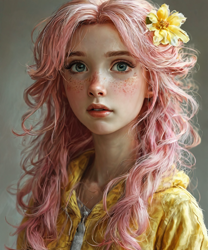 Size: 1280x1536 | Tagged: safe, imported from derpibooru, fluttershy, human, ai content, ai generated, bust, clothes, female, flower, flower in hair, freckles, generator:playground ai, gradient background, humanized, looking at you, messy hair, open mouth, portrait, prompter:pawels, realistic, solo