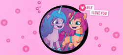 Size: 627x284 | Tagged: safe, edit, imported from derpibooru, izzy moonbow, sunny starscout, earth pony, unicorn, 2d, banner, cute, g5, happy, heart, horn, i love you, izzybetes, looking at each other, looking at someone, pink background, roller skates, shipping, simple background, skates, smiling, sunnybetes, together forever