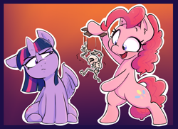 Size: 856x623 | Tagged: safe, artist:shoutingisfun, imported from derpibooru, pinkie pie, twilight sparkle, oc, oc:anon, alicorn, earth pony, pony, bipedal, bone, both cutie marks, duo, duo female, female, halloween, holiday, hoof hold, horn, implied anon, looking sideways, mare, marionette, one wing out, open mouth, open smile, puppet, puppet strings, sitting, skeleton, smiling, tail, twilight sparkle (alicorn), wings