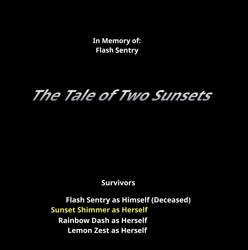 Size: 5005x5040 | Tagged: safe, artist:emeraldblast63, imported from derpibooru, flash sentry, lemon zest, rainbow dash, sunset shimmer, comic:the tale of two sunsets, title card