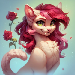 Size: 1024x1024 | Tagged: safe, imported from derpibooru, roseluck, cat, ai content, ai generated, bust, catified, cute, fangs, flower, fluffy, generator:pony diffusion v6 xl, generator:purplesmart.ai, generator:stable diffusion, portrait, prompter:doom9454, rose, species swap