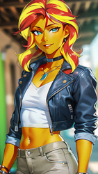 Size: 864x1536 | Tagged: safe, editor:masterdarhil, imported from derpibooru, sunset shimmer, equestria girls, ai content, ai generated, belly button, belly piercing, bracelet, choker, clothes, jacket, jewelry, midriff, necklace, photoshop, piercing, prompter:sammykun, recolor, smiling, solo