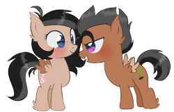 Size: 895x578 | Tagged: safe, imported from derpibooru, oc, oc only, oc:finch, oc:wren, pegasus, pony, au:equuis, ahoge, alternate universe, black hair, blue eyes, blushing, brother and sister, colt, cutie mark, duo, ear tufts, eye contact, female, filly, foal, freckles, grey hair, hoof fluff, looking at each other, looking at someone, male, pink eyes, siblings, smiling, spiky mane, twins, wings