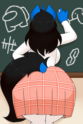 Size: 1020x1530 | Tagged: safe, artist:kloudmutt, imported from derpibooru, oc, oc:klodette, anthro, unicorn, among us, ass, black hair, black tail, blue body, blue fur, butt, chalkboard, clothes, dock, female, kilroy was here, loss (meme), meme, rear view, skirt, socks, solo, solo female, stockings, tail, thigh highs