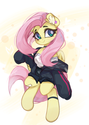 Size: 2931x4096 | Tagged: safe, artist:jfrxd, imported from derpibooru, fluttershy, pegasus, pony, bandage, blushing, choker, clothes, ear fluff, female, human shoulders, jacket, mare, off shoulder, smiling, solo