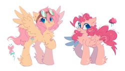 Size: 1898x1083 | Tagged: safe, artist:mirtash, imported from derpibooru, fluttershy, pinkie pie, pegasus, pony, alternate hairstyle, alternate universe, bandaid, bandaid on nose, chest fluff, cute, diapinkes, duo, duo female, female, glasses, goggles, leg fluff, open mouth, pegasus pinkie pie, race swap, raised hoof, shyabetes, simple background, white background