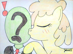 Size: 4032x3016 | Tagged: safe, artist:jakusi, toffee swirl, oc, oc:anon, human, pegasus, pony, background pony, blushing, cheek kiss, clothes, duo, duo male and female, exclamation point, eyes closed, female, kissing, male, mare, necktie, signature, suit, surprised, traditional art