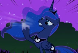 Size: 1570x1080 | Tagged: safe, imported from derpibooru, screencap, princess luna, alicorn, pony, luna eclipsed, concave belly, crown, ethereal mane, ethereal tail, female, folded wings, hoof shoes, jewelry, lidded eyes, mare, night, outdoors, peytral, princess shoes, raised hoof, regalia, sky, slender, solo, standing, tail, teeth, thin, traditional royal canterlot voice, tree, wings