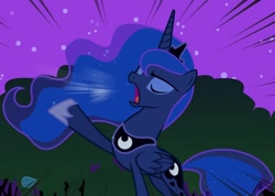 Size: 1521x1080 | Tagged: safe, imported from derpibooru, screencap, princess luna, alicorn, pony, luna eclipsed, season 2, cropped, ethereal mane, ethereal tail, eyes closed, female, folded wings, hoof shoes, jewelry, mare, night, open mouth, peytral, princess shoes, raised hoof, solo, sparkly mane, sparkly tail, speed lines, tail, tiara, traditional royal canterlot voice, wings