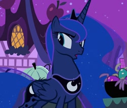 Size: 1273x1080 | Tagged: safe, imported from derpibooru, screencap, princess luna, alicorn, pony, luna eclipsed, season 2, concave belly, cropped, crown, ethereal mane, ethereal tail, female, folded wings, jewelry, looking back, mare, night, peytral, ponyville, regalia, slender, solo, sparkly mane, sparkly tail, tail, thin, tiara, wings