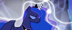 Size: 1920x799 | Tagged: safe, imported from derpibooru, princess luna, alicorn, pony, do princesses dream of magic sheep, season 5, concentrating, cropped, ethereal mane, eyes closed, female, jewelry, magic, mare, partially open wings, peytral, sparkly mane, tiara, widescreen, wings