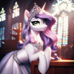 Size: 1024x1024 | Tagged: safe, imported from derpibooru, sweetie belle, pony, unicorn, ai content, ai generated, church, clothes, dress, ear piercing, earring, generator:pony diffusion v6 xl, generator:purplesmart.ai, generator:stable diffusion, jewelry, looking at you, older, older sweetie belle, piercing, prompt in description, prompter:maresforever, solo, tiara, wedding dress