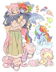 Size: 850x1098 | Tagged: safe, artist:sharpycharot, imported from derpibooru, fluttershy, rainbow dash, human, pegasus, pony, chibi, clothes, cloud, female, flutterdash, folded wings, hoodie, hug, leg warmers, lesbian, long hair, looking at you, lying down, shipping, shoes, shorts, skirt, sneakers, stars, sweater, wings