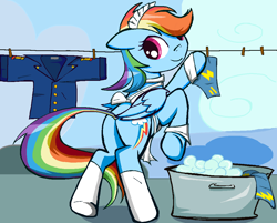 Size: 1097x883 | Tagged: safe, artist:sallycars, imported from derpibooru, rainbow dash, pegasus, pony, butt, clothes, clothes line, clothespin, cute, dashabetes, laundry, looking at you, looking back, looking back at you, maid, maid headdress, ms paint, panties, plot, rainbow dash day, rainbow maid, rainbutt dash, smiling, smiling at you, soap bubble, socks, solo, tub, underwear, uniform, washing, white socks, wonderbolts dress uniform, wonderbolts uniform