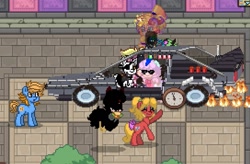 Size: 1087x714 | Tagged: safe, imported from derpibooru, oc, oc:blue cookie, earth pony, pony, pony town, back to the future, delorean, earth pony oc, event, fire, harmonycon, open mouth