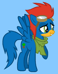 Size: 471x603 | Tagged: safe, artist:durpy, artist:mlpfanboy579, edit, imported from derpibooru, pegasus, pony, '90s, 2000s, blue background, clothes, cyan background, goggles, goggles on head, lidded eyes, male, pilot, ponified, raised hoof, raised leg, rule 85, scarf, simple background, smiling, solo, stallion, talking, universal studios, walter lantz, woody woodpecker, woody woodpecker (series)