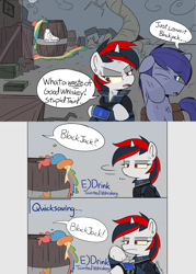 Size: 2688x3763 | Tagged: safe, artist:icey, edit, imported from twibooru, oc, oc only, oc:blackjack, oc:p-21, pony, fallout equestria, fallout equestria: project horizons, alcohol, comic, duo, fanfic art, female, horn, image, male, mare, nudity, pipbuck, png, small horn, stallion, taint, video game mechanics, whiskey
