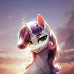 Size: 1024x1024 | Tagged: safe, imported from ponybooru, sweetie belle, unicorn, ai content, ai generated, chest fluff, female, mare, older, prompter:maresforever, sky, smiling, solo, solo female