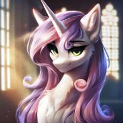 Size: 1024x1024 | Tagged: safe, imported from ponybooru, sweetie belle, unicorn, adult, adult foal, ai content, beautiful, beautiful eyes, canterlot castle, female, long mane, mare, older, older sweetie belle, prompter:maresforever, smiling, solo, solo female