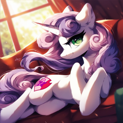 Size: 1024x1024 | Tagged: safe, imported from ponybooru, sweetie belle, unicorn, adult, adult foal, beautiful, beautiful eyes, female, looking at you, lying down, mare, older, older sweetie belle, prompter:maresforever, smiling, smiling at you