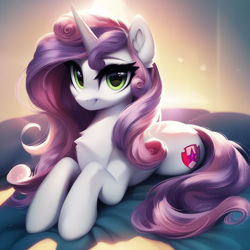 Size: 1024x1024 | Tagged: safe, imported from ponybooru, sweetie belle, unicorn, adult, adult foal, ai content, female, lying down, mare, older, older sweetie belle, prompter:maresforever, smiling, solo, solo female