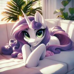 Size: 1024x1024 | Tagged: safe, imported from ponybooru, sweetie belle, unicorn, adult, adult foal, ai content, beautiful eyes, couch, female, looking at you, lying down, mare, older, older sweetie belle, prompter:maresforever, smiling, smiling at you, solo, solo female, unicorn horn