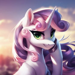 Size: 1024x1024 | Tagged: safe, imported from ponybooru, sweetie belle, unicorn, adult, adult foal, ai content, beautiful eyes, beautiful hair, blue sky, day, female, looking at you, mare, older, older sweetie belle, prompter:maresforever, smiling, smiling at you, solo, solo female, unicorn horn