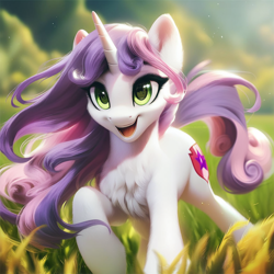 Size: 1024x1024 | Tagged: safe, imported from ponybooru, sweetie belle, unicorn, adult, adult foal, ai content, beautiful, chest fluff, day, female, grass, mare, meadow, older, older sweetie belle, prompter:maresforever, running, smiling, solo, solo female, touch grass, unicorn horn