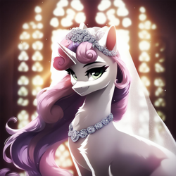 Size: 1024x1024 | Tagged: safe, imported from ponybooru, sweetie belle, adult, adult foal, ai content, church, clothes, dress, female, jewelry, looking at you, mare, necklace, prompter:maresforever, smiling, smiling at you, solo, solo female, veil, wedding dress, wedding veil