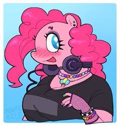 Size: 1187x1247 | Tagged: safe, artist:kewpiekills, imported from derpibooru, pinkie pie, anthro, earth pony, big breasts, blushing, bracelet, breasts, bust, busty pinkie pie, choker, cleavage, clothes, cutie mark accessory, cutie mark eyes, cutie mark necklace, ear piercing, emo, eyebrow piercing, female, fingerless gloves, fishnet clothing, gloves, headphones, jewelry, kandi, mare, nail polish, necklace, open mouth, open smile, passepartout, piercing, signature, smiling, solo, wingding eyes