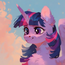 Size: 2048x2048 | Tagged: safe, imported from derpibooru, twilight sparkle, alicorn, pony, ai content, ai generated, bust, chest fluff, cloud, ear fluff, generator:pony diffusion v6 xl, generator:purplesmart.ai, generator:stable diffusion, portrait, prompter:krivovyaz, sky, smiling, solo, twilight sparkle (alicorn)