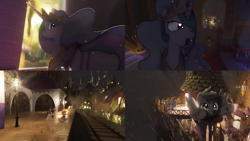 Size: 2728x1536 | Tagged: safe, artist:minty root, imported from derpibooru, screencap, derpy hooves, princess celestia, raven, canterlot, canterlot castle, remake, storm, trailer, train station, youtube link