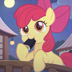 Size: 2560x2560 | Tagged: safe, imported from derpibooru, apple bloom, earth pony, pony, ai assisted, ai content, cloud, eating, female, filly, foal, food, house, lamp, moon, night, outdoors, setsubun, solo, stars, sushi