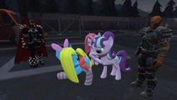 Size: 750x423 | Tagged: safe, imported from derpibooru, pinkie pie, starlight glimmer, oc, oc:cuteamena, earth pony, unicorn, /mlp/, 3d, 3d model, crossover, deathstroke, jpg, pinkamena diane pie, s5 starlight, slade wilson, spanking, spawn