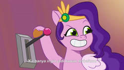 Size: 3072x1727 | Tagged: safe, imported from derpibooru, screencap, pipp petals, pegasus, pony, spoiler:g5, spoiler:my little pony: tell your tale, spoiler:tyts02e04, eyebrows, female, g5, grin, jazz hearts rocky, mane melody (location), mare, my little pony: tell your tale, raised eyebrow, smiling, solo